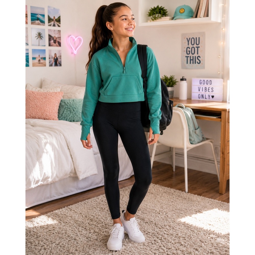 All In Motion Girls Teal Half Zip Cropped Sweatshirt Thumbhole L 10/12